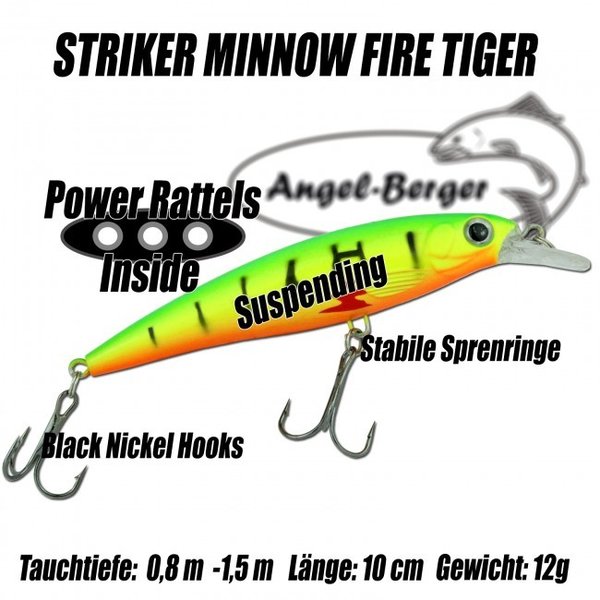 Angel Berger Striker Minnow 3D Wobbler Fire Tiger Raubfischköder Hechtwobbler 10cm