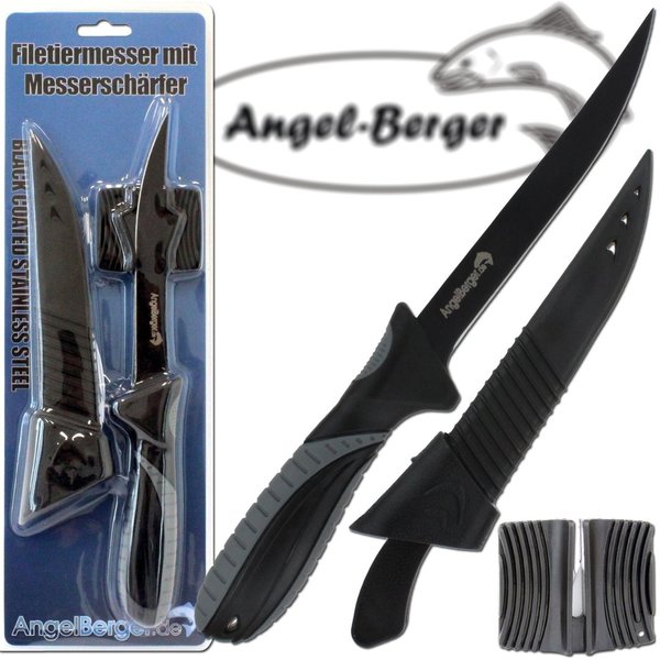 Angel Berger Filetiermesser mit Messerschärfer Angelmesser beschichtet
